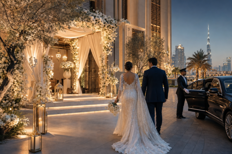 Luxury hotel entrance in Dubai at night with chauffeur guests