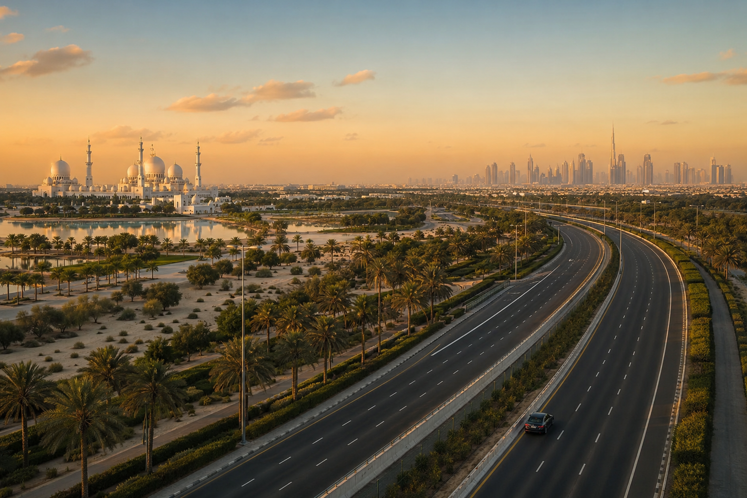 UAE highway leading toward Dubai skyline at sunset