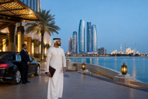 Emirati guest beside luxury chauffeur car on Abu Dhabi waterfront