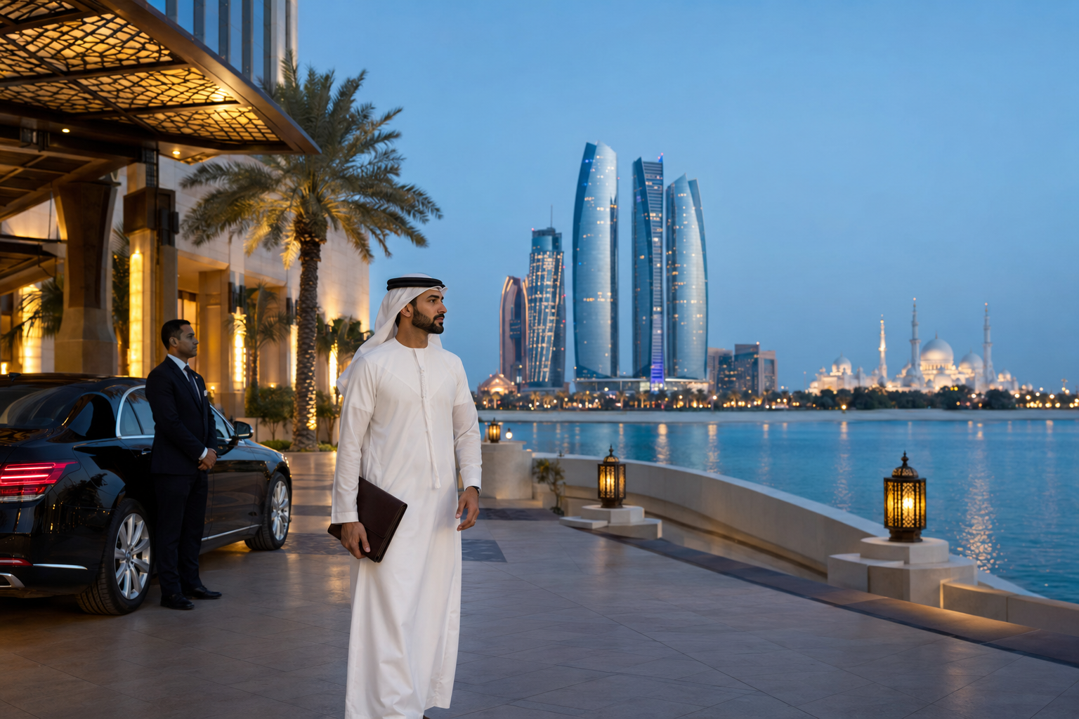 Emirati guest beside luxury chauffeur car on Abu Dhabi waterfront