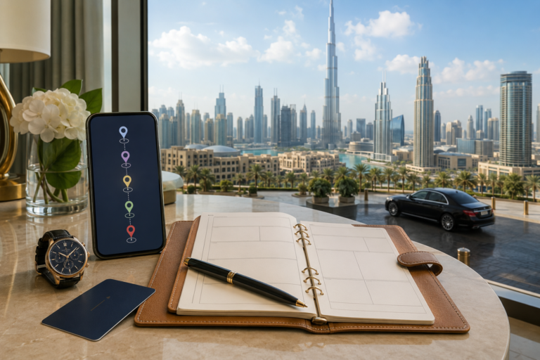 Luxury chauffeur car overlooking Burj Khalifa and Dubai skyline