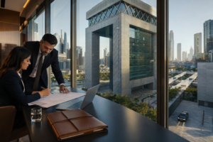 Business chauffeur assisting passenger inside modern Dubai hotel