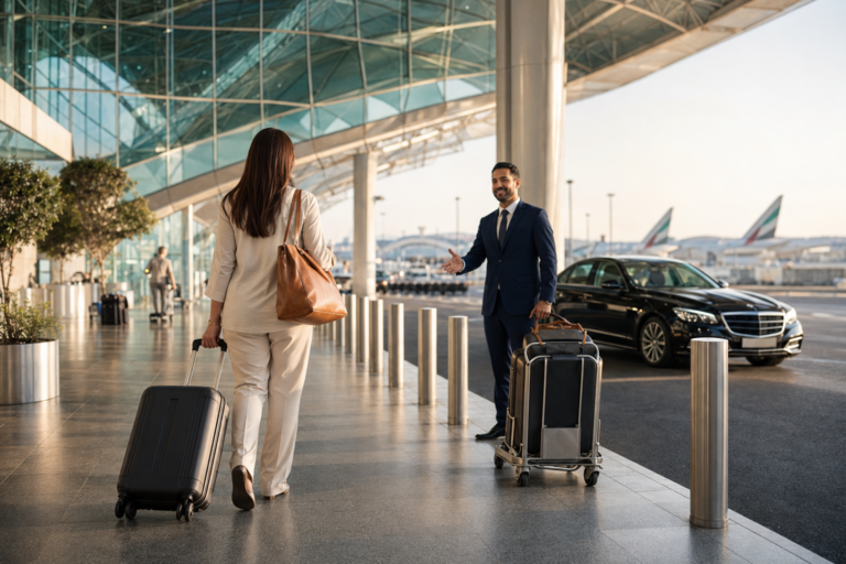 Professional chauffeur greeting passenger outside Dubai airport terminal