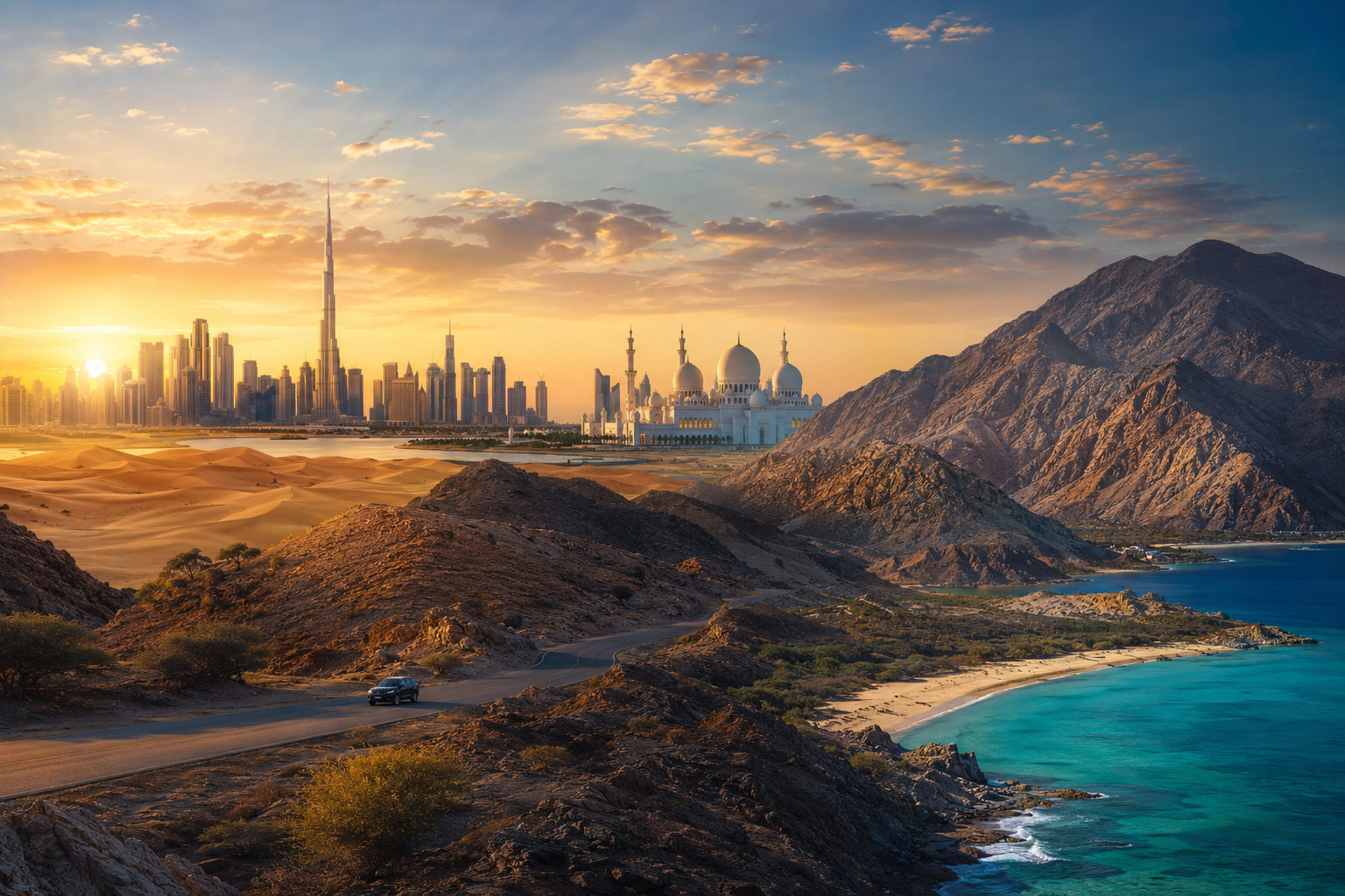 Dubai skyline and Burj Khalifa viewed beside UAE mountains at sunset