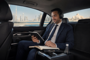 Business executive travelling in luxury chauffeur car in Dubai