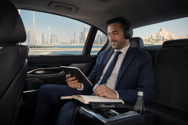 Business executive travelling in luxury chauffeur car in Dubai