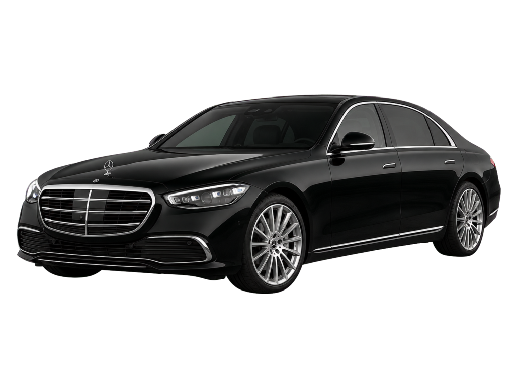 Black Mercedes S-Class luxury sedan on white background