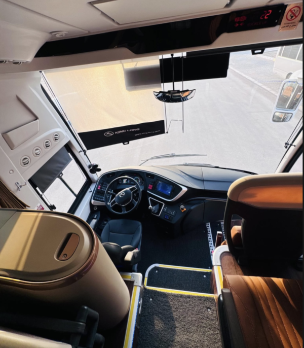 Luxury Coach Bus Driver Cabin – SSM Chauffeurs Luxury coach bus driver cabin and front dashboard interior