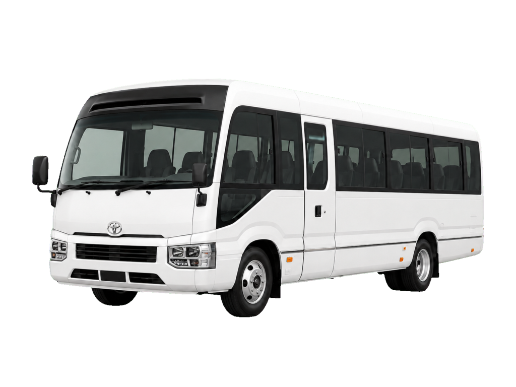 White Toyota Coaster 22-seater passenger bus