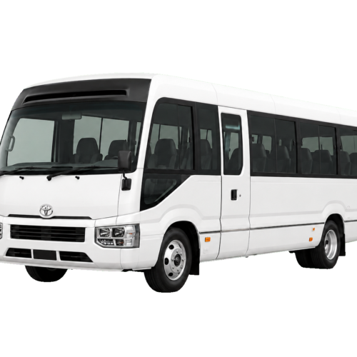 Toyota Coaster 22-Seater Bus – SSM Chauffeurs White Toyota Coaster 22-seater passenger bus