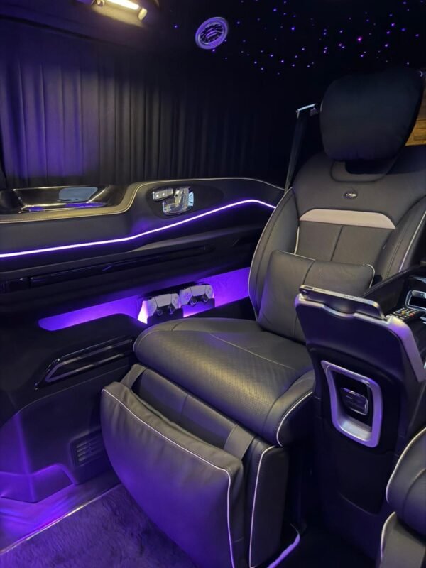 VIP Van Captain Seat – SSM Chauffeurs Luxury VIP van captain seat with purple ambient lighting